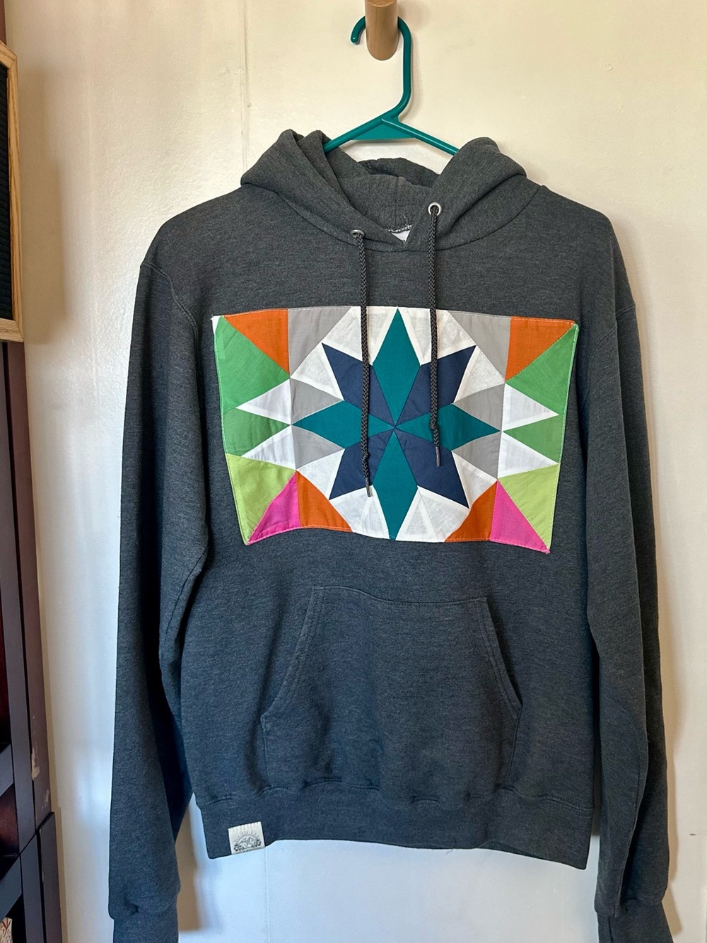 Charcoal Gray Pullover Hoodie with Colorblock Star Patch